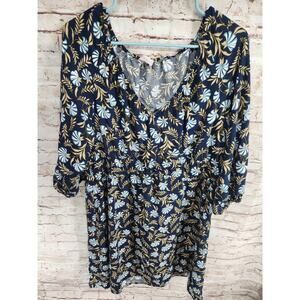 Loft Boho Floral Design Dress Size XL Bell Sleeves V-Neck